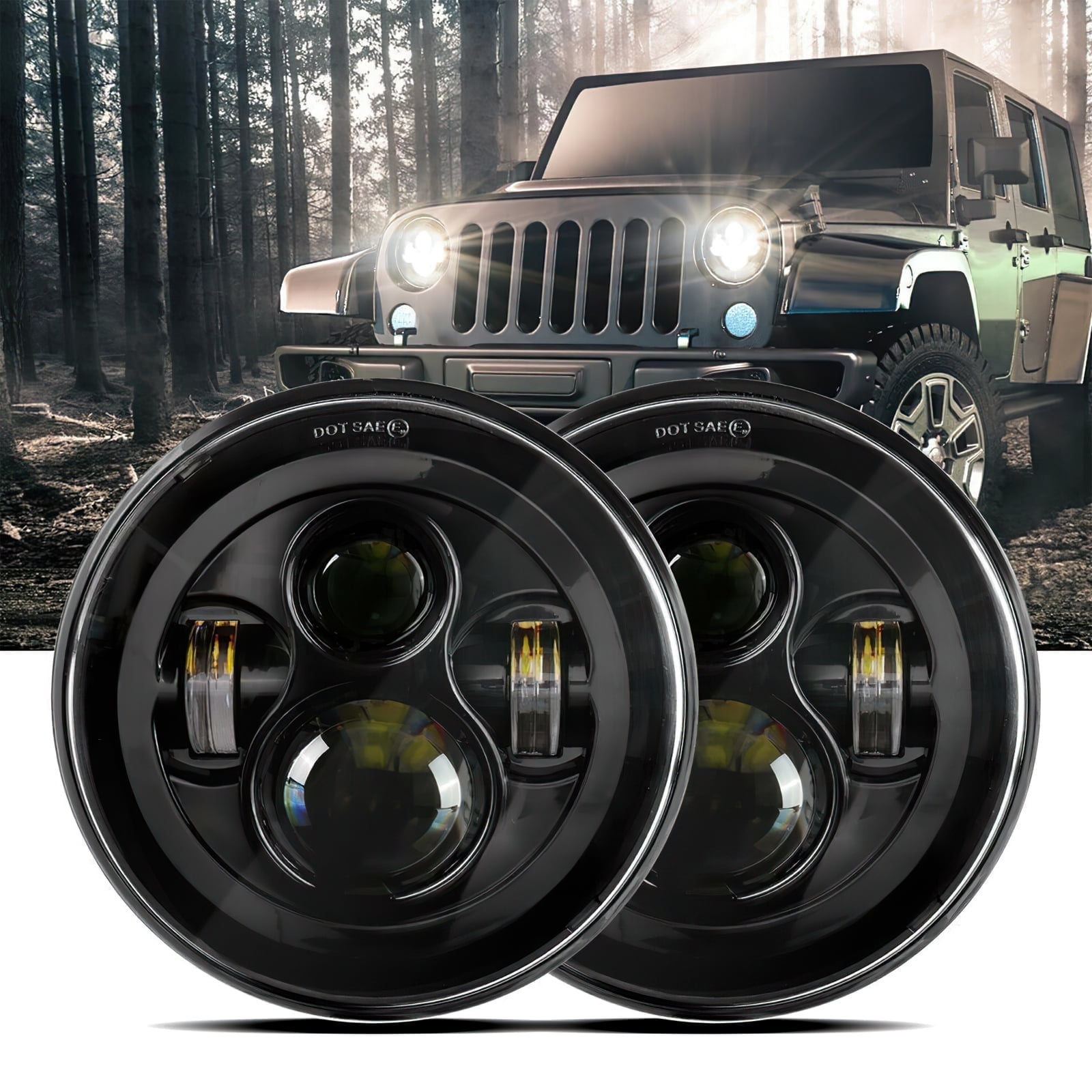 2Pcs 7 Inch Round LED Headlight Hi/Lo Beam with White DRL Halo Ring Angel Eyes H6024 Amber Turn Signal Light Sealed Beam Headlamps for Jeep Wrangler JK TJ CJ , H1 H2 with H4-H13 Adapter