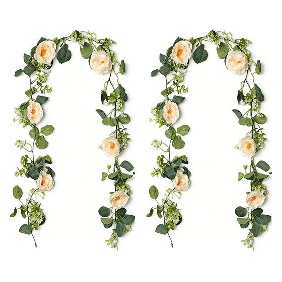 2Pcs 70.8in champagne-colored Flower Garland Fake Rose Vines for Tea Party Mother's Day Decorations Faux Artificial Floral Garland Hanging Rose Ivy for Wedding Arch Ceremony Outdoor Wall Decor