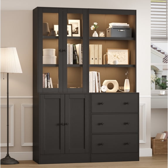 2Pcs 71" Bookshelf with Storage, Modern Bookshelves with 3 Large Drawer, Display Bookcase with Glass Doors, Modern DIY Mix Cabinet for Home Office, Dining Room (Black, BA)