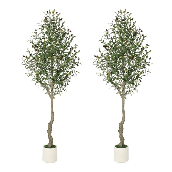 2Pcs 7FT Artificial Olive Tree with White Pot, Modern Realistic Plastic Faux Plant, Fake Tree for Home Living Room Bedroom Office Decor, Housewarming Gift