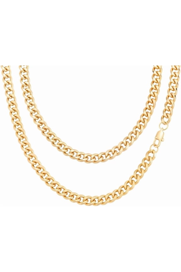 2Pcs 7mm 18K Gold Plated Cuban Link Chain Hip Hop Necklace 19.69 Inch Chunky Rapper Men Curb Stainless Steel Cuban Chain Necklace
