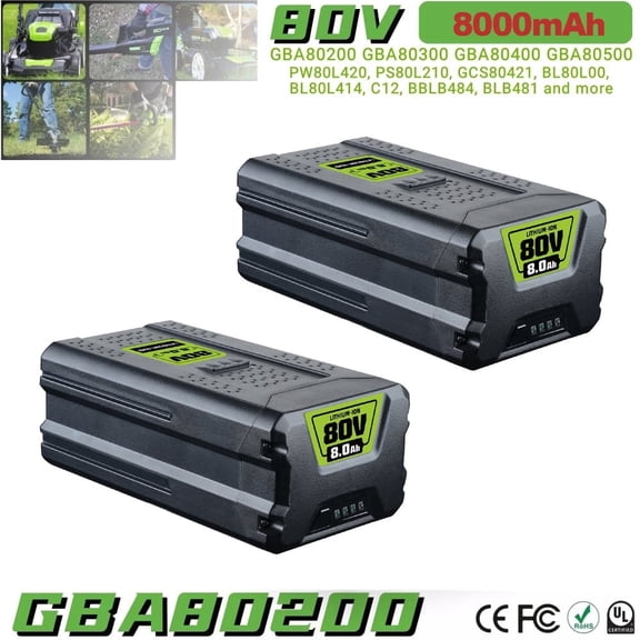 2Pcs 8.0Ah Li-ion Battery GWL1840 Replace for Greenworks 80V Battery Compatible with GBA80200 GBA80250 GBA80400 GBA80500 Fit with Greenworks 80Volt Cordless Power Tools