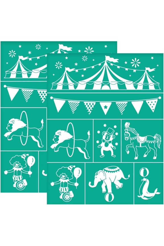 2Pcs 8.6x11 Inch Carnival Theme Self-Adhesive Silk Screen Printing Stencil Mardi Gras Silk Screen Stencil Circus Animal Reusable Mesh Stencils Transfer for DIY T-Shirt Fabric Painting Blue