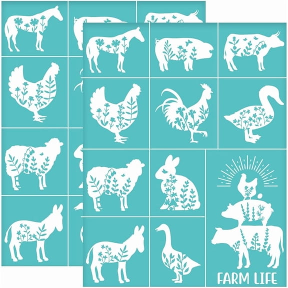 2Pcs 8.6x11 Inch Farm Animals Self-Adhesive Silk Screen Printing Stencil Flowers Cow Chicken Sheep Silk Screen Stencil Farm Pattern Mesh Stencils Transfer