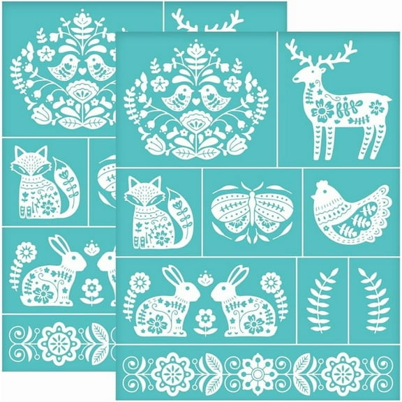 2Pcs 8.6x11 Inch Folk Art Decorate Self-Adhesive Silk Screen Printing Stencil Fox Rabbit Silk Screen Stencil