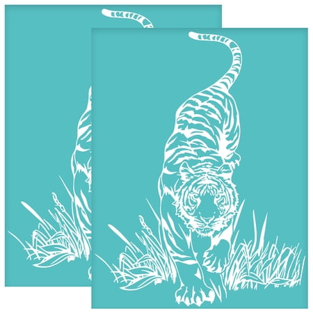 2Pcs 8.6x11 Inch Tiger Self-Adhesive Silk Screen Printing Stencil Tiger with Grass Mesh Stencils Animal Theme Reusable Mesh Stencils