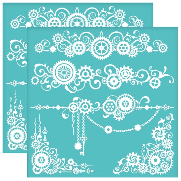 2Pcs 8.6x8.6 Inch Self-Adhesive Steampunk Silk Screen Stencil Set for DIY T-Shirt Fabric PaintingDIY