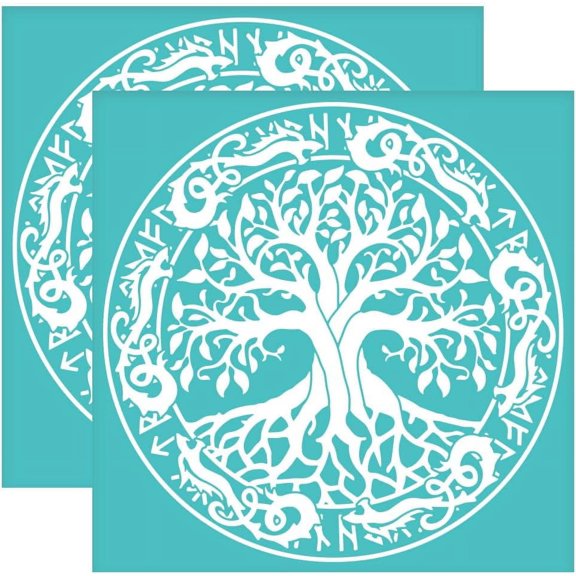2Pcs 8.6x8.6 Inch Tree of Life Self-Adhesive Silk Screen Printing Stencil Viking Dragon Life Tree Silk Screen Stencil Reusable Square Mesh Stencils Transfer
