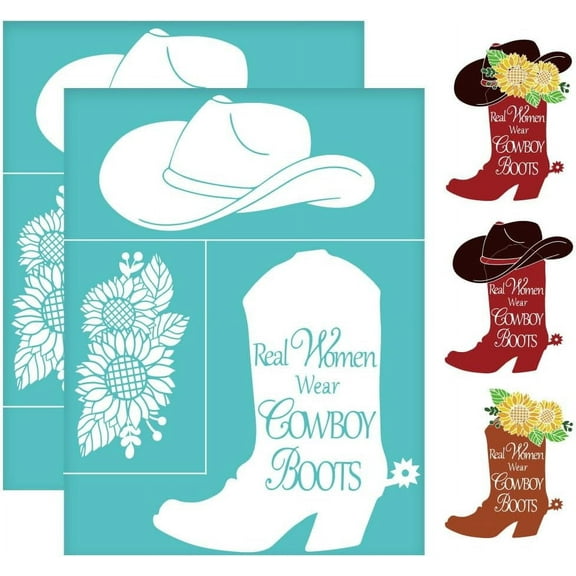 2Pcs 8.7x11 Inch/22x28cm West Cowboy Boots Self-Adhesive Silk Screen Printing Stencil Cowboy Hat Mesh Stencils Women Wear Theme Reusable Painting