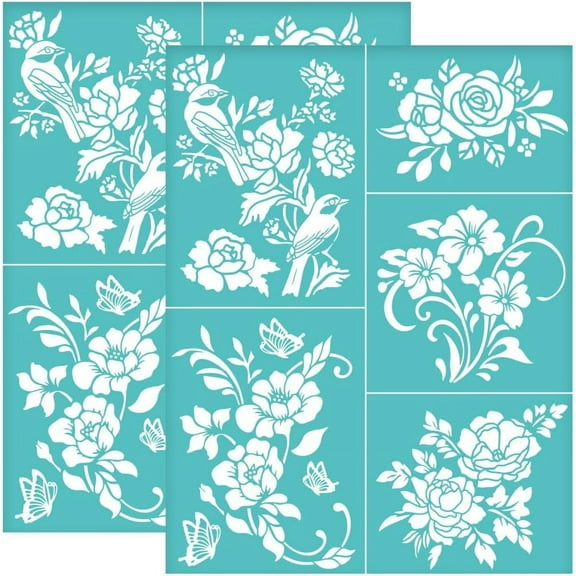 2Pcs 8.7x11 Inch Flowers of Love Self-Adhesive Silk Screen Printing Stencil Rose Peony Mesh Stencils Floral Theme Reusable Mesh Stencils Transfer