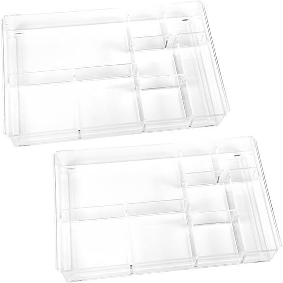 2Pcs 8-Section Clear Drawer Organizer, Large Acrylic Drawer Divider Tray for Desk,Bathroom,Office Makeup,Junk, Plastic Drawers Organizer 13.7" x 8.7" x 2"