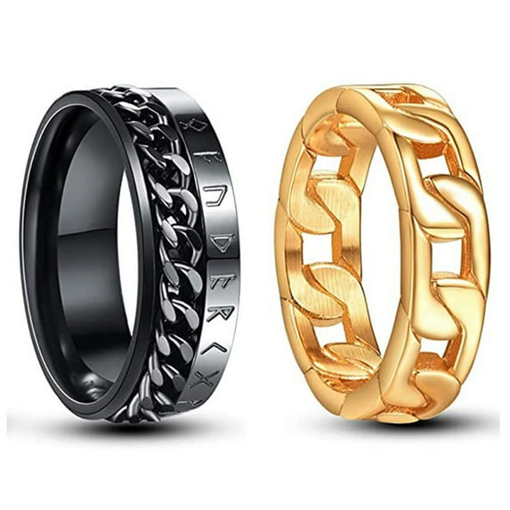 2Pcs 8MM Stainless Steel Rings Gold/Black Tone Wide Link Chain Rings for Men Women High Polished Wedding Band Rings Size 7-12