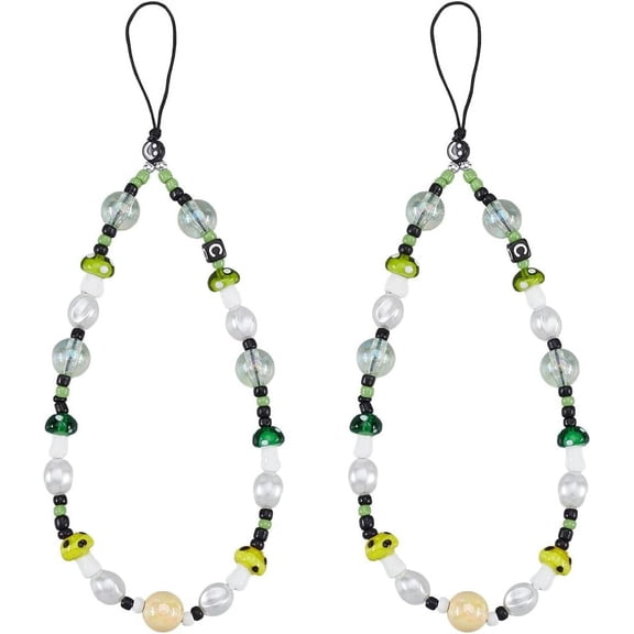 2Pcs 9.4 Inch Green Yellow Mushroom Beaded Phone Charm Strap Detachable Phones Anti-Lost Chain Hands-Free Wrist Straps Cellphone Lanyard Beads Mobile Phone Bracelet for Women colorful