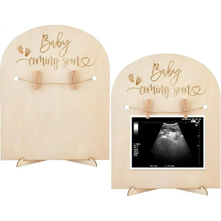 2Pcs 9.8x7.9inch Wooden Ultrasound Frame Stand Light Yellow Baby Coming Soon Arch Pregnancy Sonogram Photo Frame With Clips and Hemp Rope Gift for Mother-to-be Pregnancy Announcements