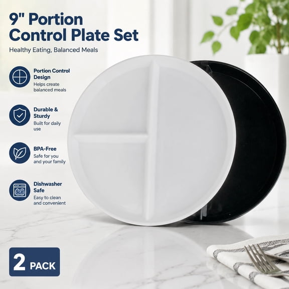 2Pcs 9 Inch Divided Portion Control Plates Set, Balanced Eating Dinner Plates, Black and White
