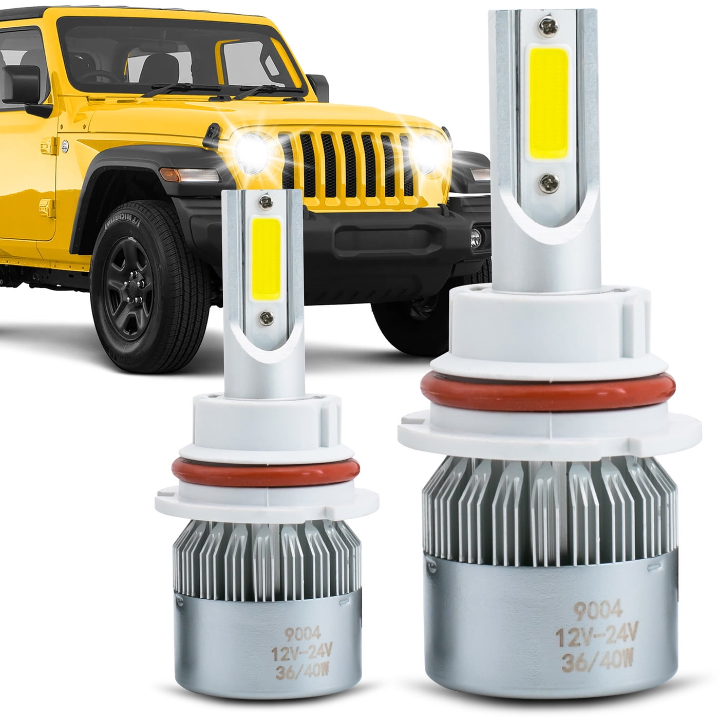 2Pcs 9004/HB1 6000K White 7200LM Aluminum Housing LED COB Bulbs Conversion Kit For Headlights High Low Dual Beam DC 12V/24V IP67 Waterproof Pack of 2 Left+Right Replacement