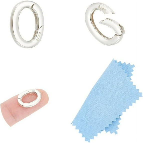 2Pcs 925 Sterling Silver Plated Spring Gate Rings Oval Spring Clasp Metal Keychain Carabiner Lock Clasps Connectors 14mm Necklace Enhancer Shortener Clasp with Clean Cloth