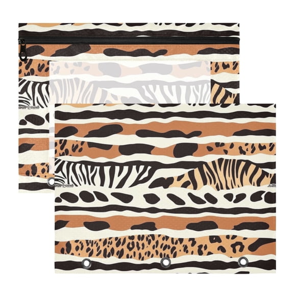 2Pcs A4 Document Pouch Set 3 Ring Binder Pencil Pouch Clear Window Pencil Case for Binder for Home, Office Animal Print Pattern