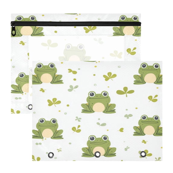2Pcs A4 Document Pouch Set 3 Ring Binder Pencil Pouch Clear Window Pencil Case for Binder for Home, Office Cartoon Frog Pattern