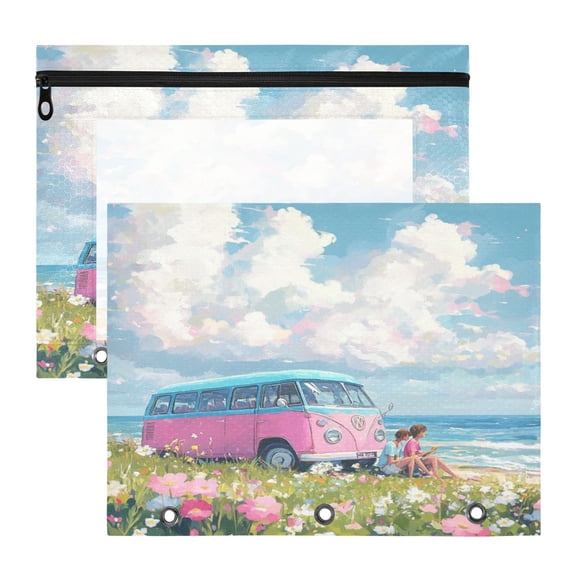 2Pcs A4 Document Pouch Set 3 Ring Binder Pencil Pouch Clear Window Pencil Case for Binder for Home, Office Cartoon-style Retro Bus