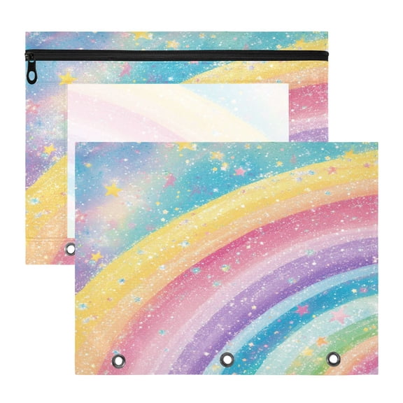 2Pcs A4 Document Pouch Set 3 Ring Binder Pencil Pouch Clear Window Pencil Case for Binder for Home, Office Glittery Rainbow