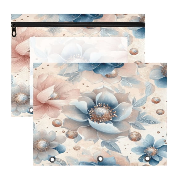 2Pcs A4 Document Pouch Set 3 Ring Binder Pencil Pouch Clear Window Pencil Case for Binder for Home, Office Large Glitter Flowers