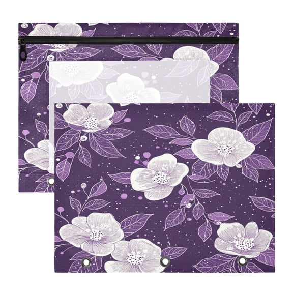 2Pcs A4 Document Pouch Set 3 Ring Binder Pencil Pouch Clear Window Pencil Case for Binder for Home, Office Purple and White Floral Pattern