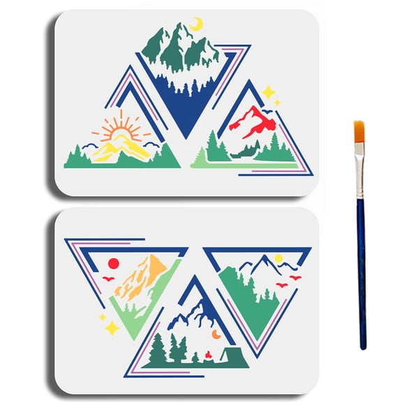 2Pcs A4 Size Mountain Scenery Stencil Triangular Mountain Range Template 11.7x8.3inches Reusable Nature Landscape Mountain Forest Sunset