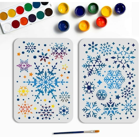 2Pcs A4 Snowflake Stencil Christmas Snowflake Template 11.7x8.3inch Winter Aesthetic Style Stencil with Paint Brush for Painting on Wood Wall Home Decoration for DIY