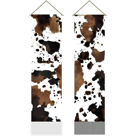 2Pcs Abstract Cow Fur Tapestry White Black Brown Cowhide Print Vertical Tapestry Wall Hanging Tassel Wall Aesthetic Tapestry Living Room Wall Art Wall Decor Entry(45.7x13 Inch) Mixed Color 1set