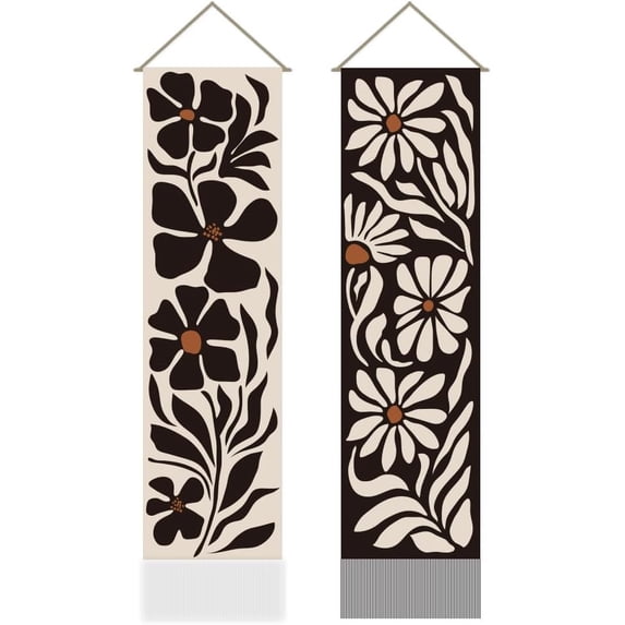 2Pcs Abstract Flowers Tapestry Abstract Daisy Long Vertical Tapestry Wall Hanging Simple Flower Tassel Wall Tapestry Mystic Aesthetic Tapestry for Bedroom and Living Room(45.7x13 Inch)