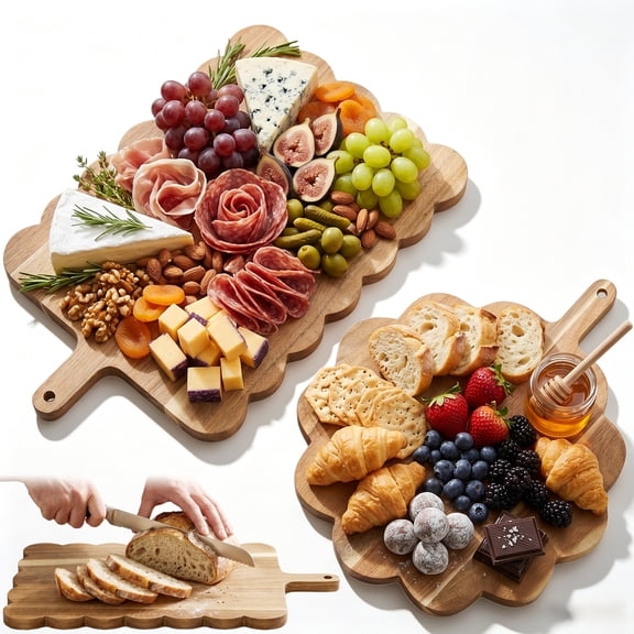 2Pcs Acacia Wood Cutting Board with Handle Scalloped Edge Wooden Board Serving Tray for Kitchen Cheese Bread and Food Display