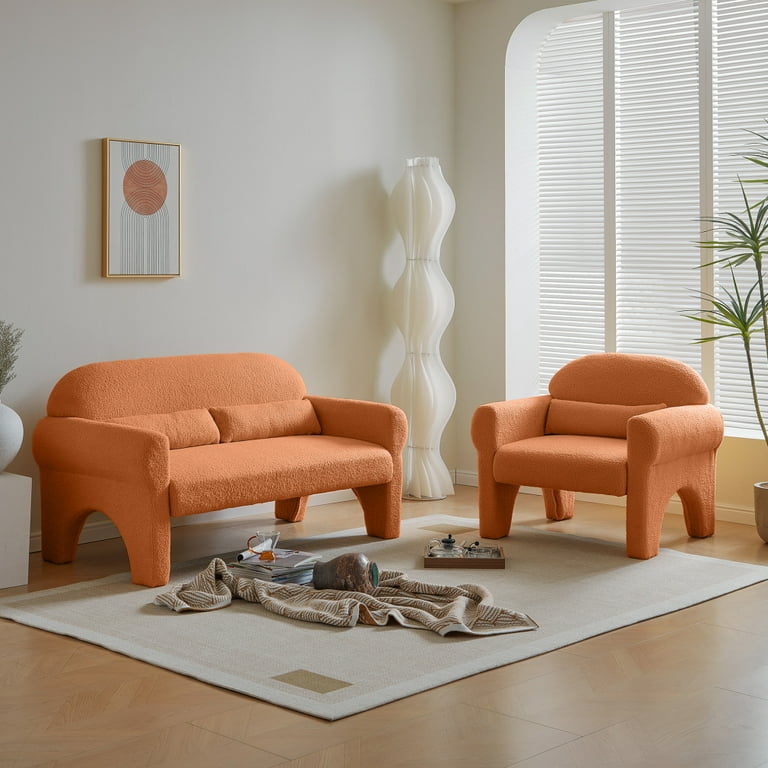 2Pcs Accent Sofa Set Teddy Fabric Loveseat Sofa and Single Sofa Chair with Lumbar Pillows Cute Small Couch with Padded Cushions and Wood Frame for