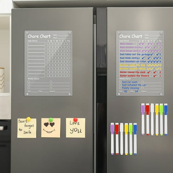 2Pcs Acrylic Magnetic Chore Chart for Kids Multiple Kids, 8.66"x11.8" Clear Fridge Chore Board with 6 Markers, Weekly Reward Chart for Kids Teens Adults Family