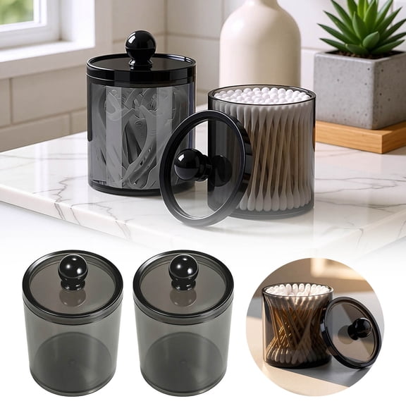 2Pcs Acrylic Storage Canisters With Lids Bathroom Cotton Ball Qtip Jars Clear Vanity Organizer Containers For Cosmetics Kitchen Toothpicks(Black-11Cm)