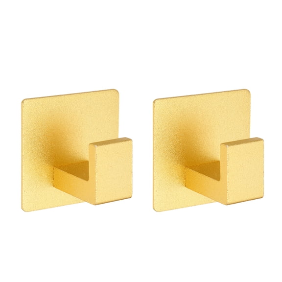 2Pcs Adhesive Towel Hooks, Space Aluminum Robe Hooks Square Base Right-Angle Clothes Wall Hanger for Bathroom Bedroom Kitchen, Gold