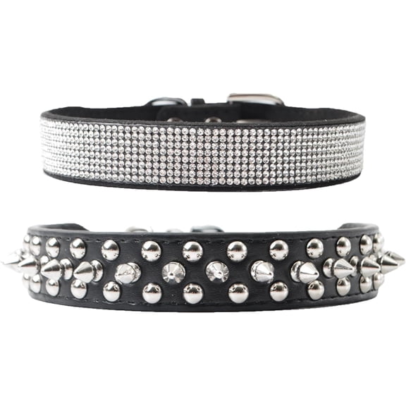 2Pcs Adjustable Dog Cat Collar,Rhinestone Dog Bling Collar&Leather Spiked Studded Dog Collars, Decoration for Small Medium Large Dogs