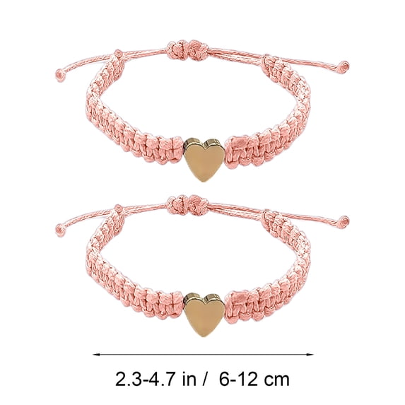 2Pcs Adjustable Heart Bracelets, Pink Woven Cord Matching Bracelets With Polished Heart Charms, For First Day Of Milestone Keepsake, Birthday Gifts