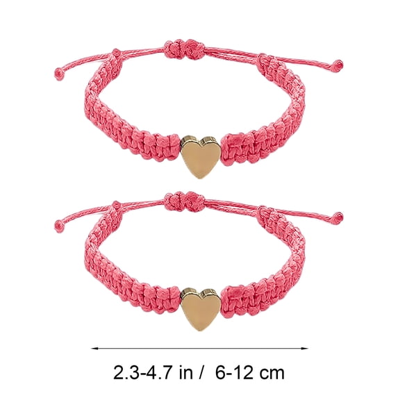 2Pcs Adjustable Heart Bracelets, Pink Woven Cord Matching Bracelets With Polished Heart Charms, For First Day Of Milestone Keepsake, Birthday Gifts