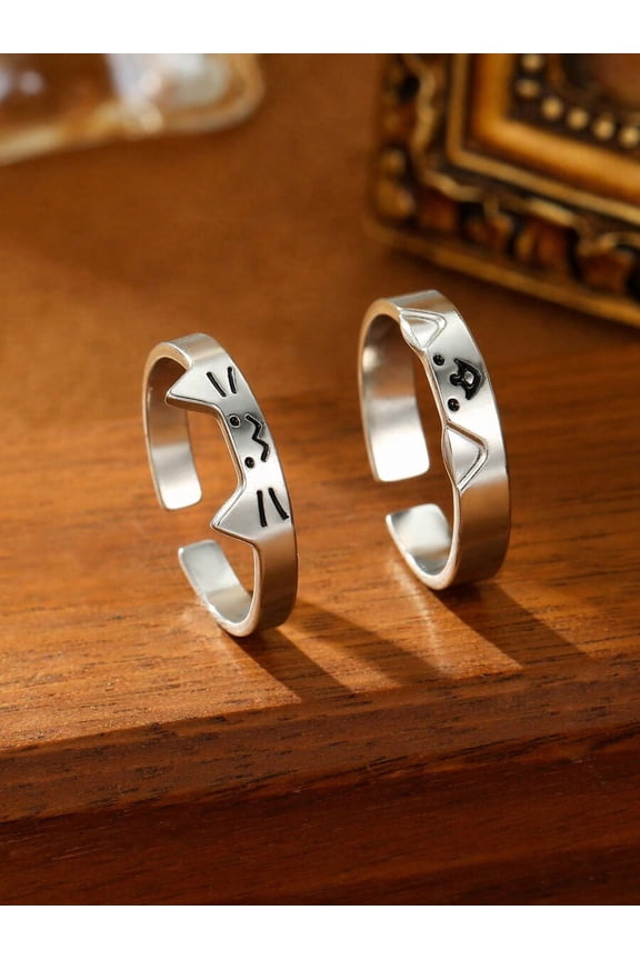 2Pcs Adjustable Open Cat Face Ring Set, Stainless Steel Silvertone Fashion Jewelry For Daily Wear Or Gift