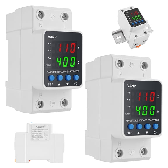 2Pcs Adjustable Voltage Protector 40A 110V/220V for RV & Solar, 80-210V Under & 130-300V Overvoltage Protection, DIN Rail Smart Circuit Breaker