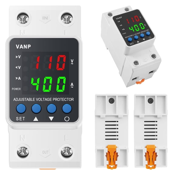 2Pcs Adjustable Over Voltage Under Voltage Protection Device, 40A 63A Overcurrent Protection Relay with Digital Display Adjustable Delay for Home RV Solar Power Systems