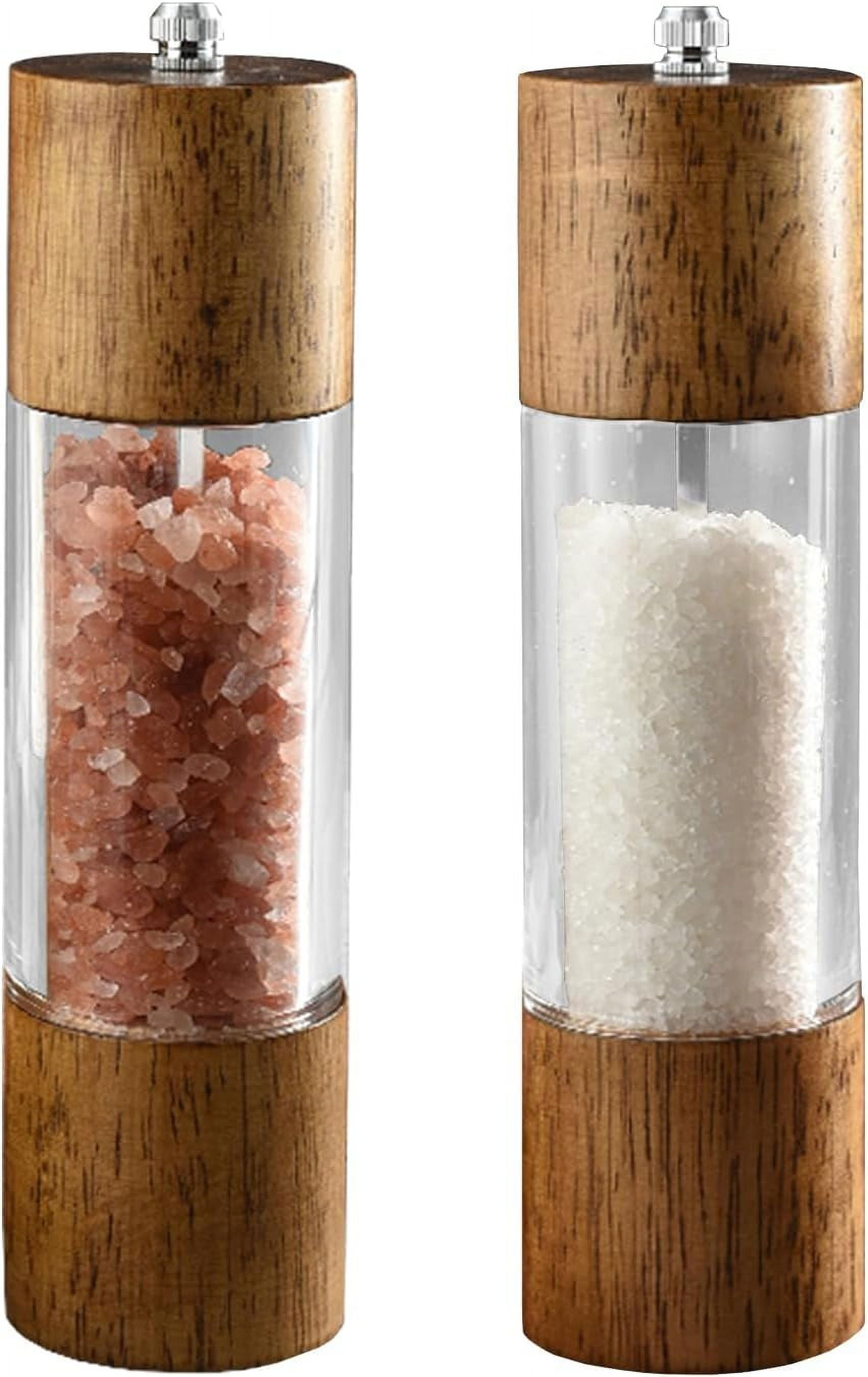 2Pcs Advanced Acrylic Salt and Pepper Grinder, Wooden Pepper Grinder, Durable Ceramic Grinder with Adjustable Thickness for Grinding