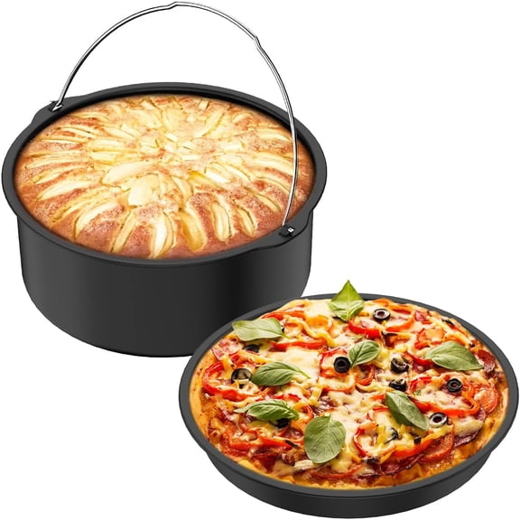 2Pcs Air Fryer Accessories, 8 Inch Air Fryer Pizza Cake Pan and Baking Cake Barrel Deep with Non-Stick Coating,Round Airfryer Baking Cake Pan Accessory Set