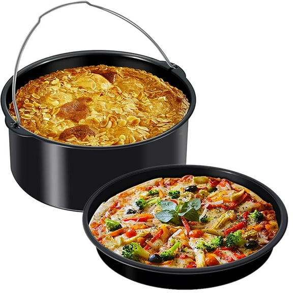 Xiyztok 2Pcs Air Fryer Accessory 8 inches Pizza Pan and Baking Cake Barrel with Non-Stick Coating Baking Cake Pan Set Large and Small Deep Cake Barrel for Air Fryer
