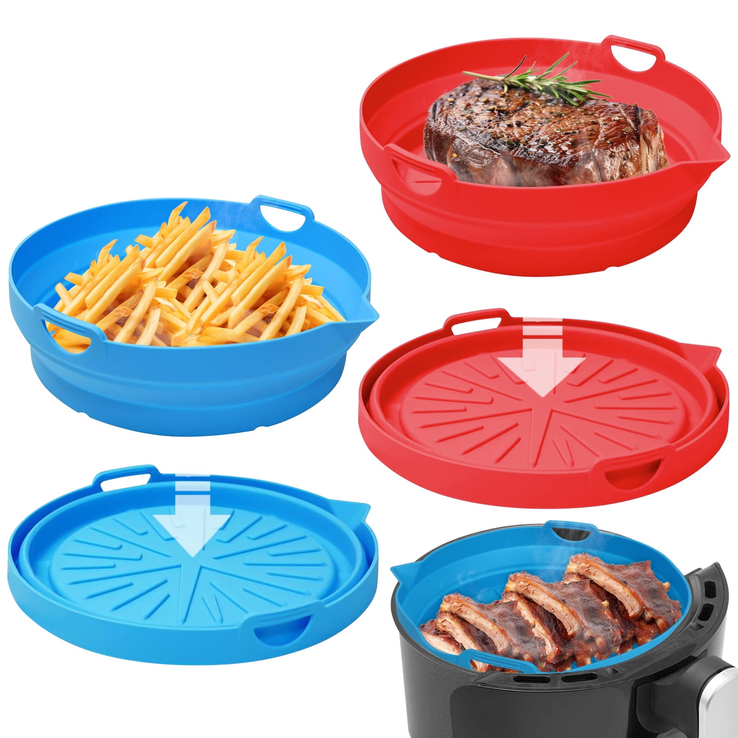 2Pcs Air Fryer Silicone Pot with Handle Heat Resistant Air Fryer Silicone Basket Reusable Air Fryer Liner Collapsible Silicone Air Fryer Oven Accessories (Red+Blue)