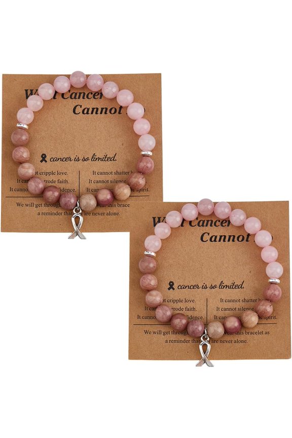 2Pcs Alloy Awareness Ribbon Charm Bracelets Natural Rose Quartz and Rhodonite Round Beads Stretch Bracelets WomenInner Diameter: 2-1/4 inch(5.7cm)