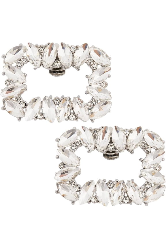 2Pcs Alloy Crystal Rhinestone Shoe Buckle Clips Detachable Rectangle Shoe Decorations Platinum 38x48x5mm