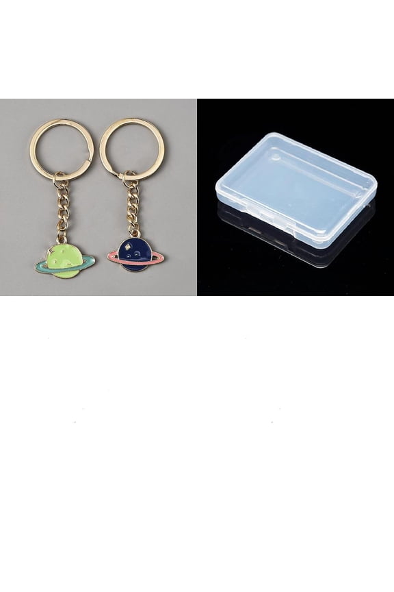 2Pcs Alloy Enamel Planet Pendant Keychain Golden Asymmetry Key Rings Moon and Star Spaceman Saucer Dangle Key Chain