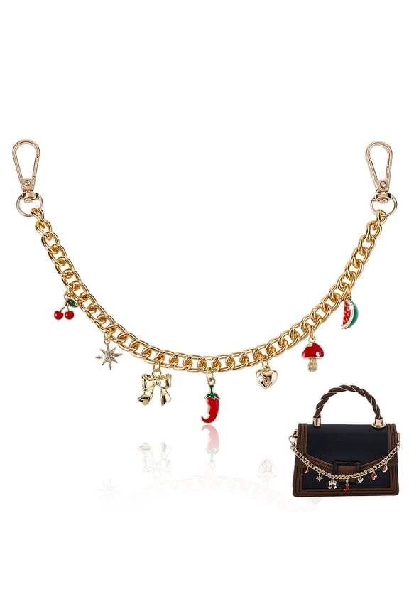 2Pcs Alloy Enamel Red Hot Pepper Mushroom Charm Aluminum Curb Chain Bag Decorative Chains with Alloy Swivel Clasps Golden 305mm DIY